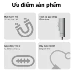 Khám phá 4 ưu điểm của đầu chuyển sạc từ tính Type-C: lực hút nam châm cực mạnh, thiết kế góc 90 độ, cổng sạc phổ biến và dây silicon chống thất lạc.