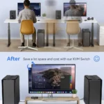 So sánh bàn làm việc trước và sau khi sử dụng bộ KVM Switch 2 máy tính 1 màn hình