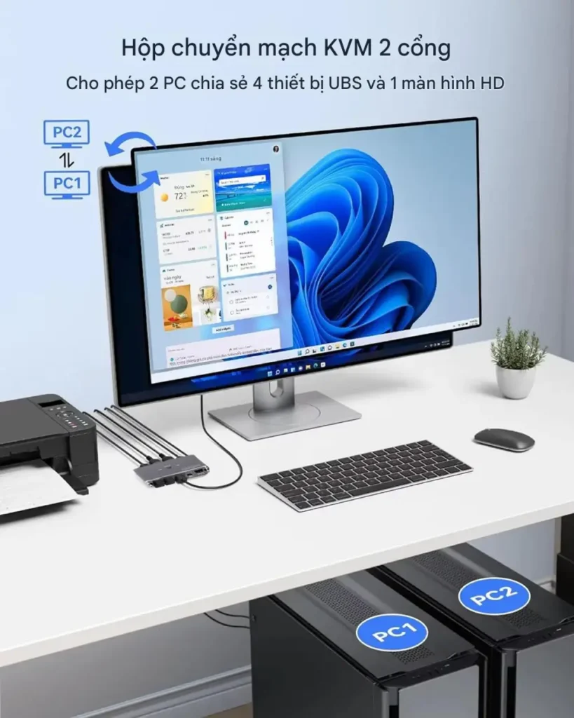 Hộp chuyển mạch KVM 2 cổng cho phép 2 PC chia sẻ 4 thiết bị USB và 1 màn hình HD 4K