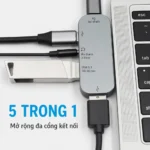 Hub mở rộng đa cổng kết nối 5 trong 1 qua giao tiếp Type-C. Trang bị cổng sạc nhanh PD, âm thanh 3.5mm và USB 3.1 tương thích hoàn hảo cho laptop.