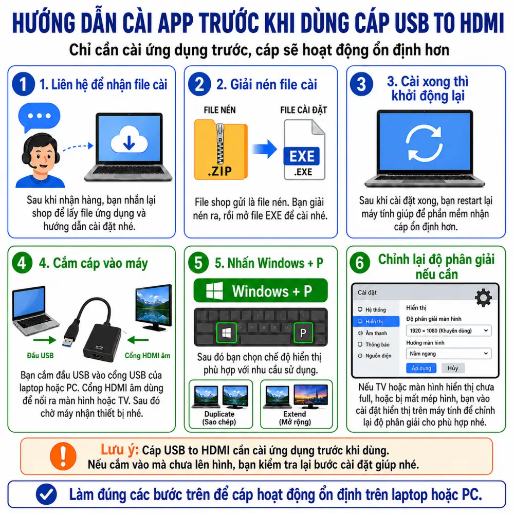 Hướng dẫn cài đặt cáp chuyển đổi USB sang HDMI chi tiết | HPS Hướng dẫn 6 bước cài đặt ứng dụng (driver) cho cáp chuyển đổi USB sang HDMI cực kỳ đơn giản. Đảm bảo cáp hoạt động ổn định trên máy tính Windows.
