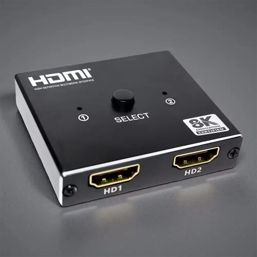 Cận cảnh mặt trên bộ chuyển mạch HDMI 1 ra 2 chuẩn 8K Certified có nút Select