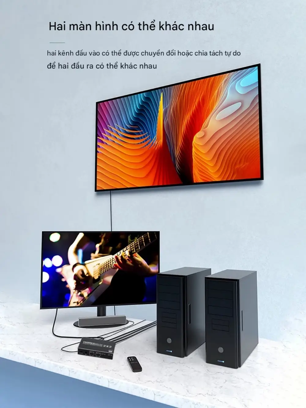 Thiết bị HDMI Matrix 2x2 xuất 2 màn hình hiển thị nội dung khác nhau từ 2 PC