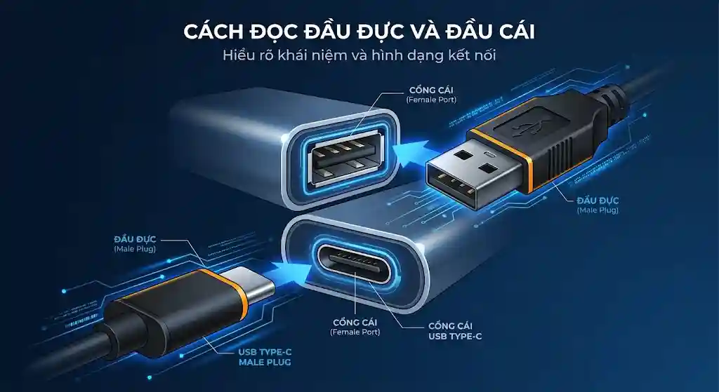 Cách nhận biết đầu đực và đầu cái của adapter USB