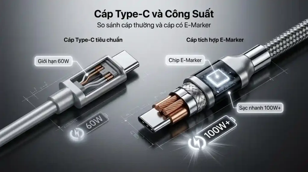 Sạc Type C không đủ công suất: kiểm tra gì trước khi đổi củ sạc? 2 Cap Type C va anh huong toi cong suat sac
