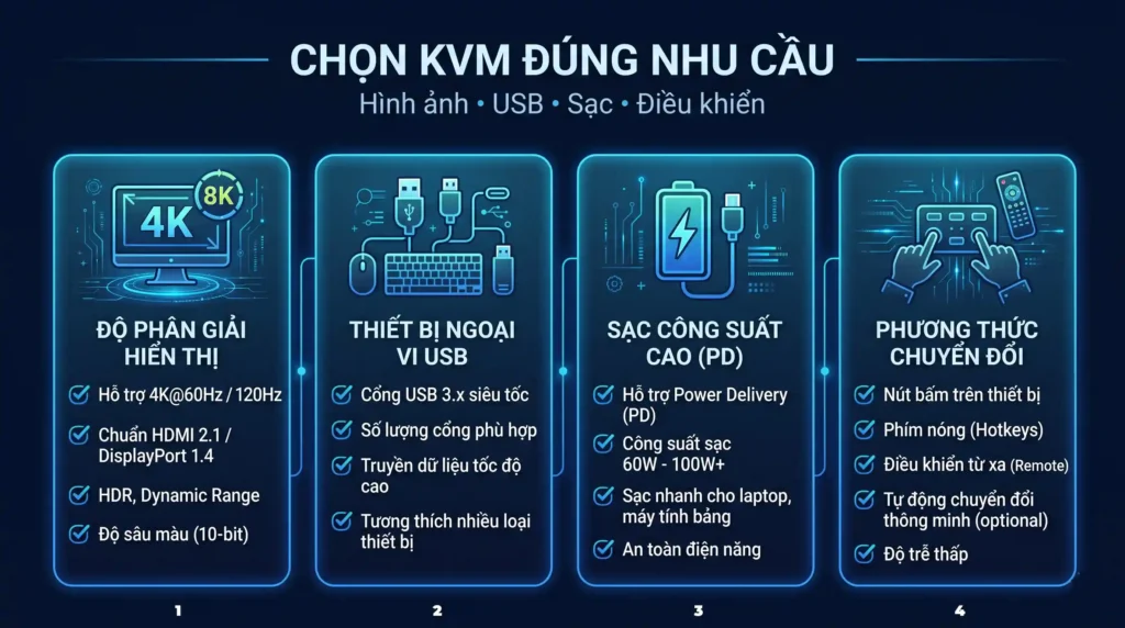 Checklist chọn KVM. Kiểm tra hình ảnh USB sạc và điều khiển khi chọn KVM.