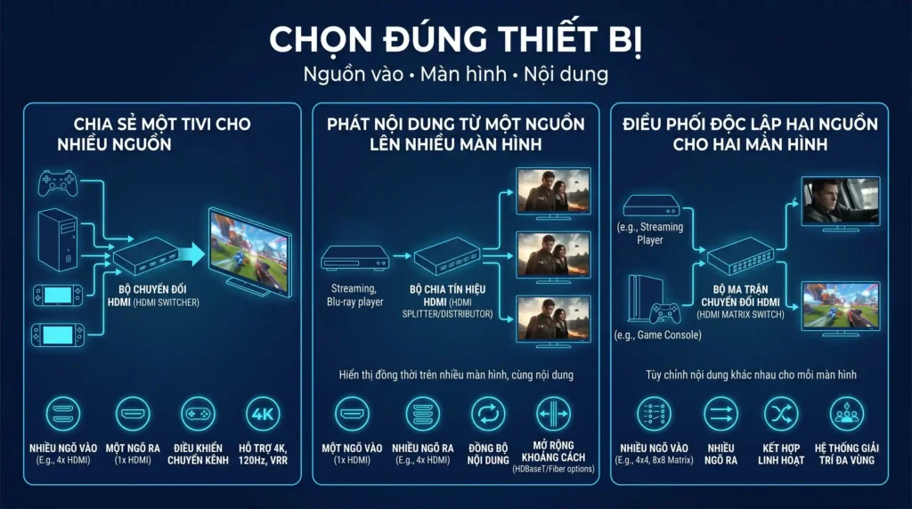 Chọn thiết bị HDMI đúng nhu cầu. Cách chọn Switch Splitter hoặc Matrix theo số nguồn và màn hình.
