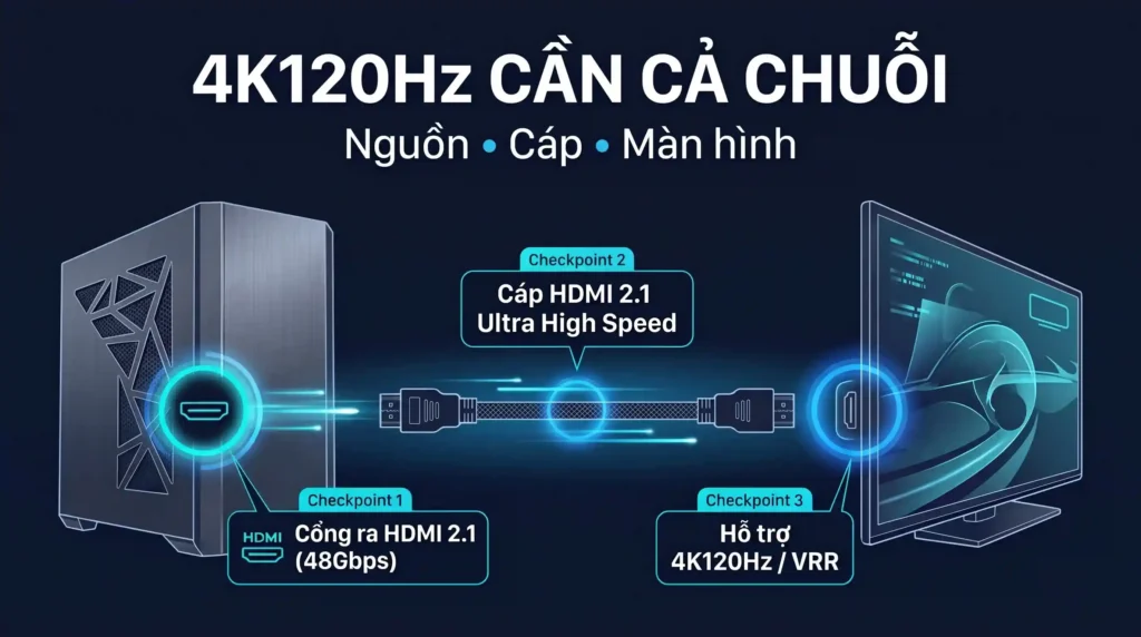 HDMI 2.1 48Gbps: 4K 165Hz, VRR và ALLM hoạt động ra sao? 2 Chuỗi nguồn phát cáp HDMI và màn hình quyết định 4K120Hz.