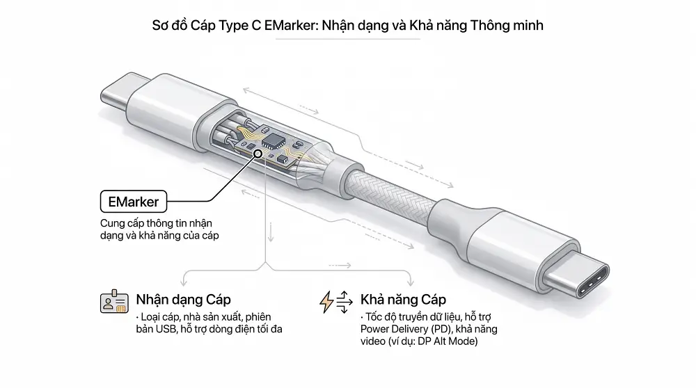 EMarker nằm bên trong cáp Type C EMarker trong cáp Type C