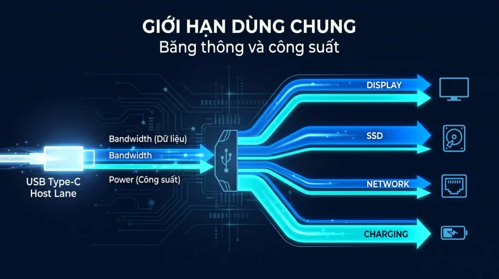 Giới hạn Hub Type C. Minh họa băng thông và công suất dùng chung trên Hub Type C.