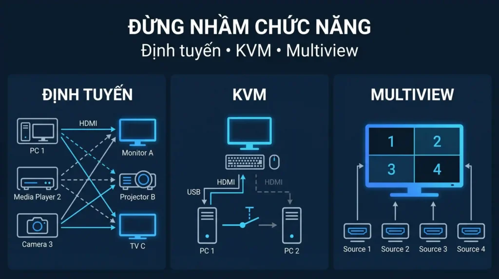HDMI routing KVM và Multiview. Phân biệt thiết bị định tuyến HDMI với KVM và Multiview.