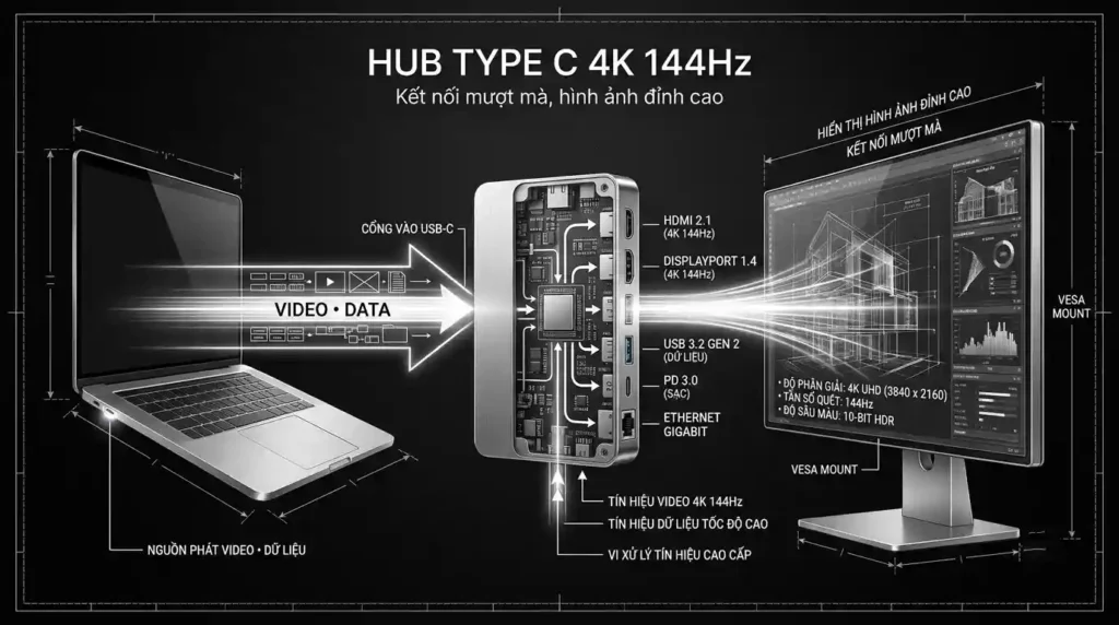 Hub Type C 4K 144Hz kết nối laptop với màn hình tần số cao