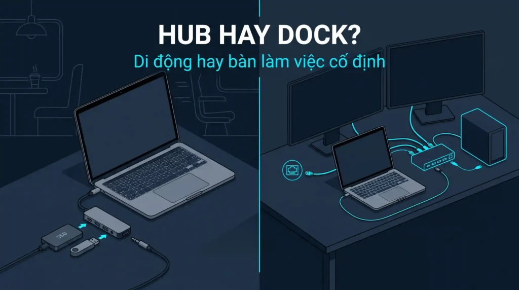 Hub hay Docking Station. So sánh Hub Type C di động và Docking Station cố định.