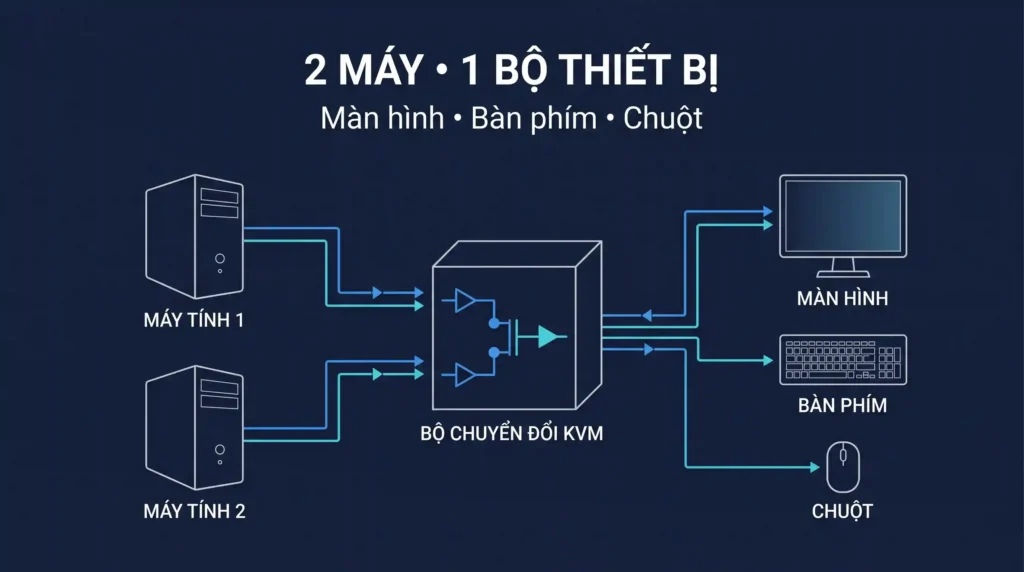 Sơ đồ hai máy dùng chung màn hình bàn phím và chuột qua KVM.