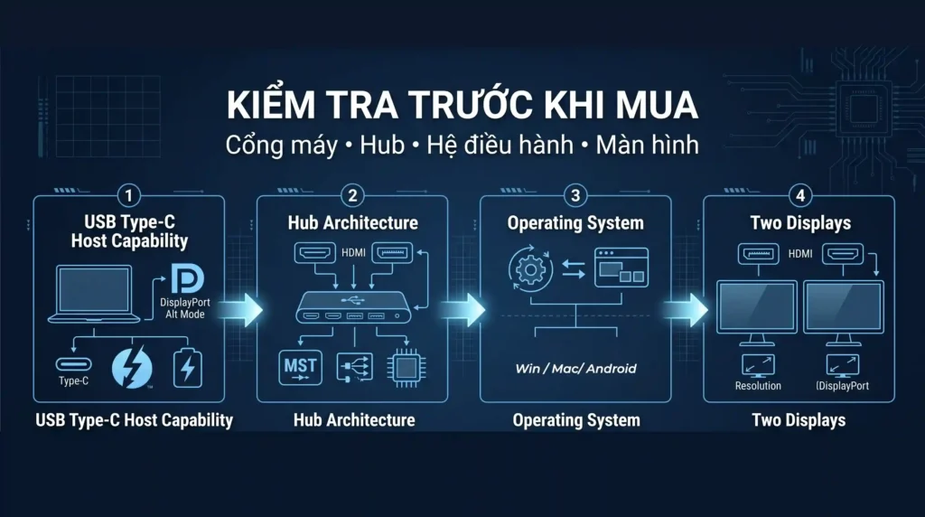 Quy trình kiểm tra Hub Type C xuất hai màn hình độc lập.