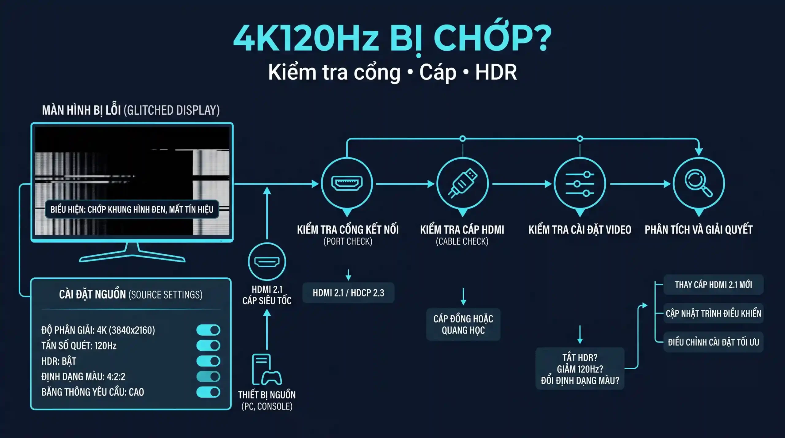 Kiểm tra VRR qua Dock và HDMI VRR qua Dock và HDMI cần kiểm tra từng mắt xích kết nối