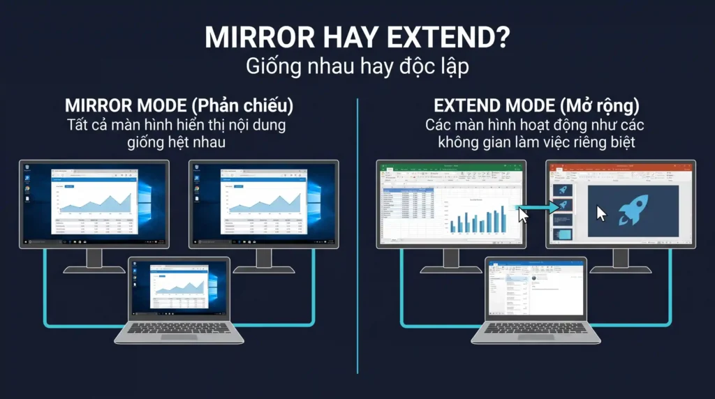 So sánh chế độ Mirror và Extend trên hai màn hình.