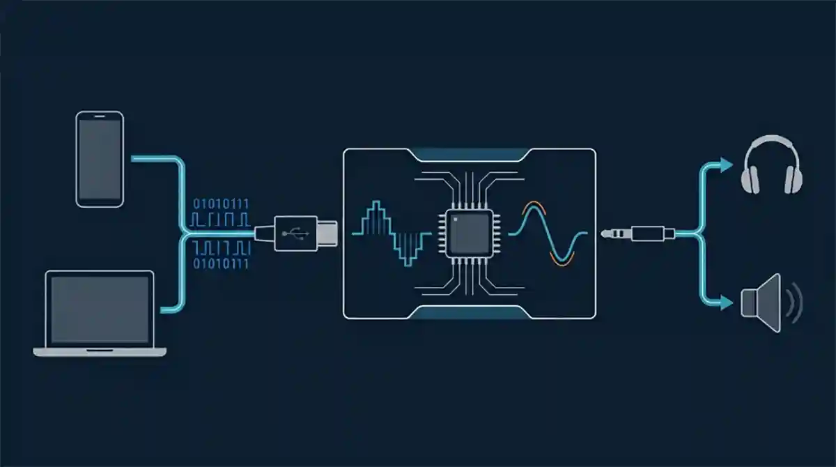 DAC Type C sang 3.5mm là gì? Cách chọn cho tai nghe và micro 1 Sơ đồ DAC chuyển âm thanh số USB-C thành tín hiệu analog 3.5mm