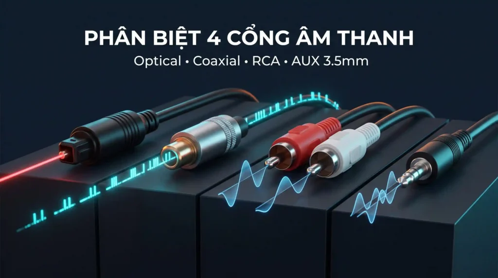 Optical Coaxial RCA và AUX 3.5mm khác nhau thế nào? 1 Phân biệt tín hiệu âm thanh Optical Coaxial RCA và AUX 3.5mm