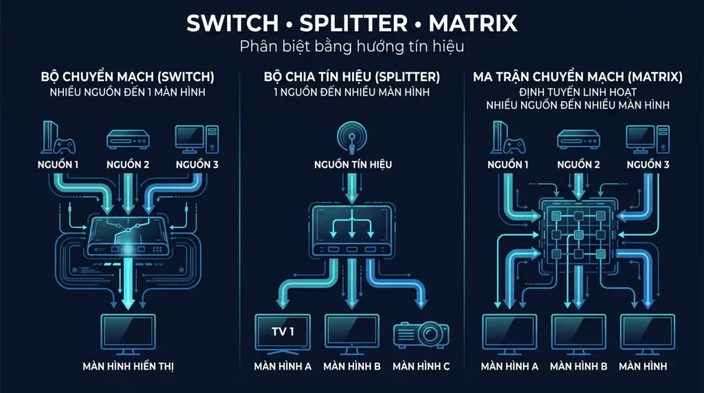 Phân biệt HDMI Switch Splitter Matrix. HDMI Switch Splitter Matrix – ảnh minh họa kỹ thuật