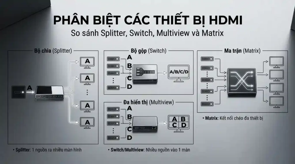 So sanh Multiview HDMI voi Switch Splitter va Matrix copy